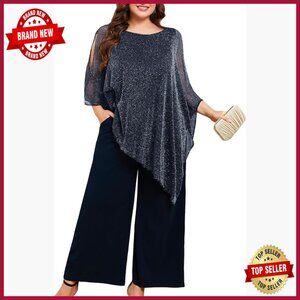 Plus Size Mother of the Bride Pant Suit Set Asymmetric Cape Wide Leg Pants